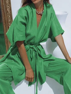 COMMENSE Oversized Linen Tied Two Piece Pants Set* Pants Sets|Long Sleeve Sets