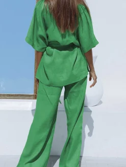 COMMENSE Oversized Linen Tied Two Piece Pants Set* Pants Sets|Long Sleeve Sets