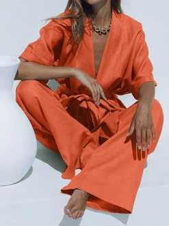 COMMENSE Oversized Linen Tied Two Piece Pants Set* Pants Sets|Long Sleeve Sets