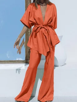 COMMENSE Oversized Linen Tied Two Piece Pants Set* Pants Sets|Long Sleeve Sets