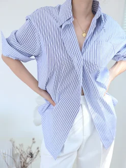 COMMENSE Oversized Pinstripe Button Down Shirt* Blouses & Shirts|Tops