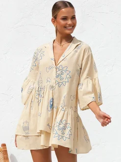 COMMENSE Oversized Sun Print Short Dress* Casual Dresses|Vacation Dresses