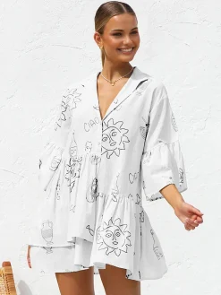 COMMENSE Oversized Sun Print Short Dress* Casual Dresses|Vacation Dresses