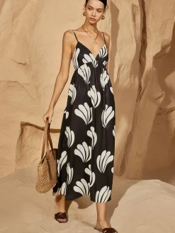 COMMENSE Palm Backless V-Neck Dress* Black Dresses|Casual Dresses
