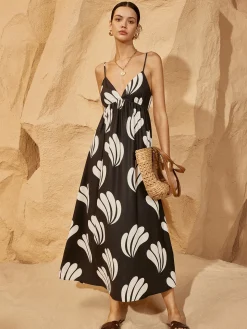 COMMENSE Palm Backless V-Neck Dress* Black Dresses|Casual Dresses