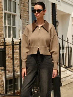 COMMENSE Panel Neck Double-Zip Crop Cardigan* Cardigans|Sweaters & Cardigans
