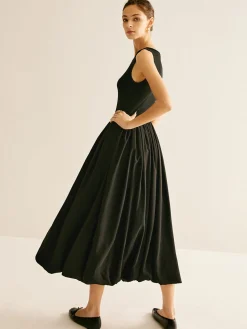 COMMENSE Panel Pleated Jersey Tank Dress* Black Dresses|Casual Dresses
