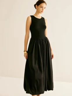 COMMENSE Panel Pleated Jersey Tank Dress* Black Dresses|Casual Dresses