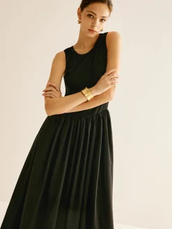 COMMENSE Panel Pleated Jersey Tank Dress* Black Dresses|Casual Dresses