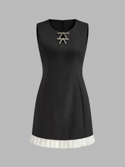 COMMENSE Paneled Rhinestone Bow Short Dress* Black Dresses|Casual Dresses
