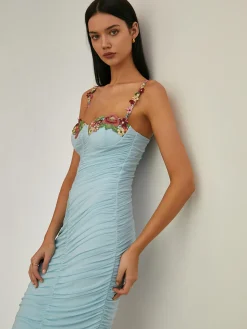 COMMENSE Paradise Flower Trim Pleated Mermaid Long Dress* Vacation Dresses|Summer Dresses