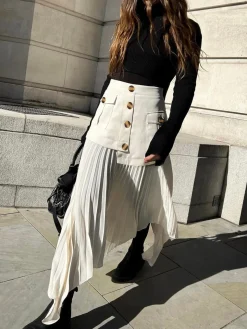 COMMENSE Patchwork Asymmetrical Pleated Buttoned Midi Skirt* Skirts|Bottoms