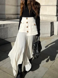 COMMENSE Patchwork Asymmetrical Pleated Buttoned Midi Skirt* Skirts|Bottoms