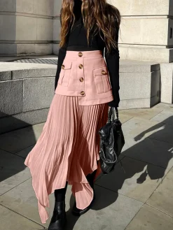 COMMENSE Patchwork Asymmetrical Pleated Buttoned Midi Skirt* Skirts|Bottoms