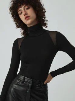 COMMENSE Patchwork Mesh Turtleneck Long Sleeve Bodysuit* Bodysuits|Bodysuits