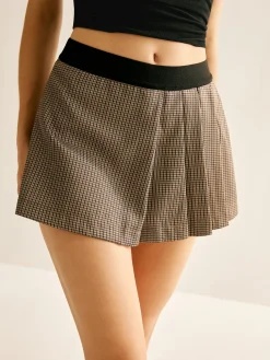COMMENSE Patchwork Plaid Pleated Shorts* Shorts|Bottoms