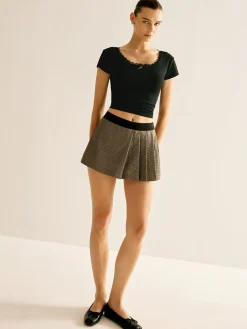COMMENSE Patchwork Plaid Pleated Shorts* Shorts|Bottoms