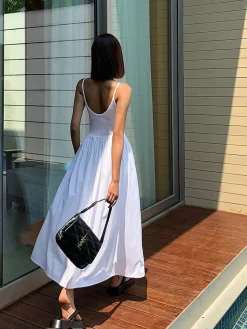 COMMENSE Patchwork Pockets Cotton Cami Midi Dress* White Dresses|Black Dresses