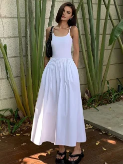 COMMENSE Patchwork Pockets Cotton Cami Midi Dress* White Dresses|Black Dresses
