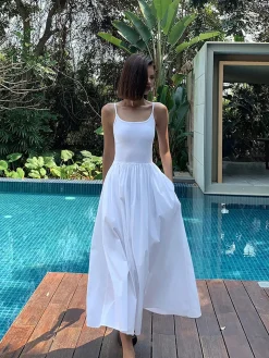 COMMENSE Patchwork Pockets Cotton Cami Midi Dress* White Dresses|Black Dresses