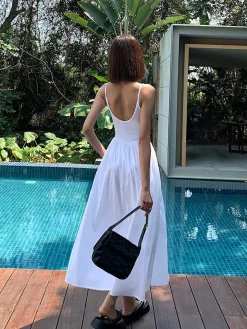 COMMENSE Patchwork Pockets Cotton Cami Midi Dress* White Dresses|Black Dresses