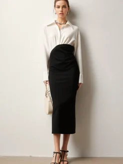 COMMENSE Patchwork Split Polo Dress* White Dresses|Casual Dresses