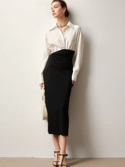 COMMENSE Patchwork Split Polo Dress* White Dresses|Casual Dresses
