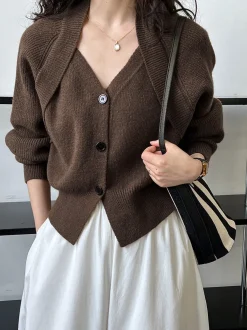 COMMENSE Patchwork V-neck Button Sweater* Sweater Tops|Sweaters & Cardigans
