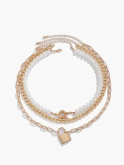 COMMENSE 3pcs Lock Pearl Necklace* Necklaces|Accessories