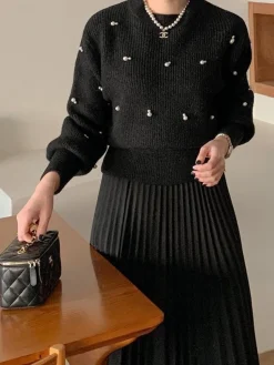 COMMENSE Pearl Beaded Cinched Sweater* Sweater Tops|Sweaters & Cardigans
