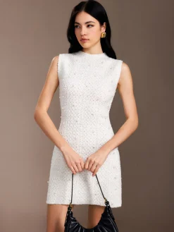 COMMENSE Pearl Beaded Sweater Tank Dress* White Dresses|Sweater Dresses