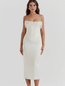COMMENSE Pearl Decor Strapless Midi Dress* White Dresses|Cocktail & Party Dresses