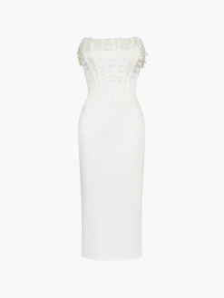 COMMENSE Pearl Decor Strapless Midi Dress* White Dresses|Cocktail & Party Dresses