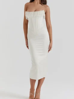 COMMENSE Pearl Decor Strapless Midi Dress* White Dresses|Cocktail & Party Dresses