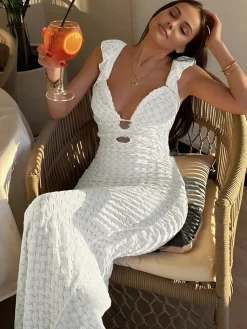 COMMENSE Pearl Keyhole Neckline Cami Long Dress* White Dresses|Black Dresses