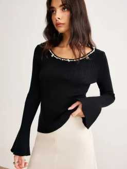 COMMENSE Pearl Trim Bell Sleeve Skinny Sweater* Sweater Tops|Sweaters & Cardigans