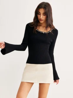 COMMENSE Pearl Trim Bell Sleeve Skinny Sweater* Sweater Tops|Sweaters & Cardigans