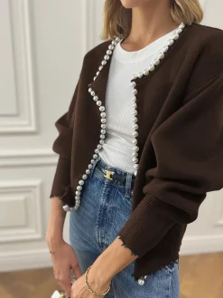 COMMENSE Pearl Trim Ripped Hem Cardigan* Cardigans|Sweaters & Cardigans