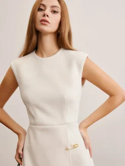 COMMENSE Pin-Detail Sleeveless Warm Dress* White Dresses|Casual Dresses