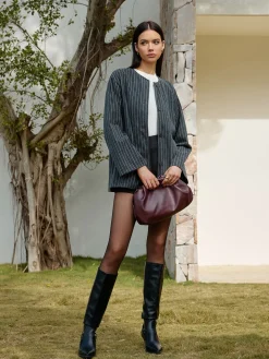 COMMENSE Pinstripe Button Blazer With Tassel Scarf* Blazers|Outerwear