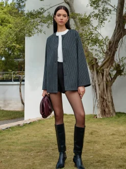 COMMENSE Pinstripe Button Blazer With Tassel Scarf* Blazers|Outerwear