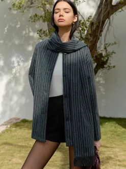COMMENSE Pinstripe Button Blazer With Tassel Scarf* Blazers|Outerwear