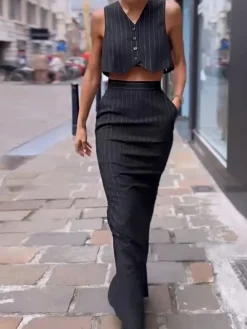 COMMENSE Pinstripe Button Crop Two Pieces Skirt Set* Skirt Sets|Long Sleeve Sets
