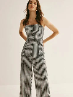COMMENSE Pinstripe Button Strapless Pants Set* Pants Sets|Matching Sets