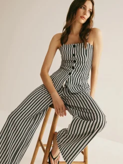 COMMENSE Pinstripe Button Strapless Pants Set* Pants Sets|Matching Sets