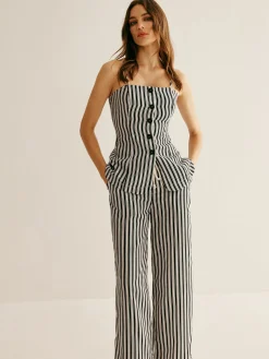 COMMENSE Pinstripe Button Strapless Pants Set* Pants Sets|Matching Sets