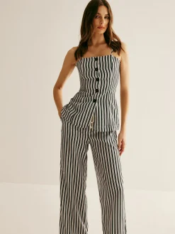 COMMENSE Pinstripe Button Strapless Pants Set* Pants Sets|Matching Sets