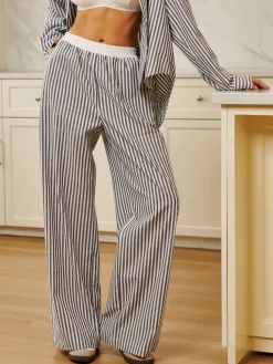 COMMENSE Pinstripe Contrast Binding Wide Leg Pants* Long Sleeve Sets|Wide Leg