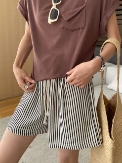 COMMENSE Pinstripe Drawstring Versatile Shorts* Shorts|Bottoms
