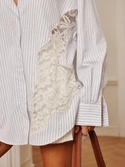 COMMENSE Pinstripe Lace Patchwork Lapel Shirt* Long Sleeve Sets|Blouses & Shirts